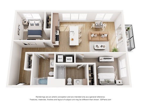 Floor plan for 2 beds, 2 baths, 1085 sqft
